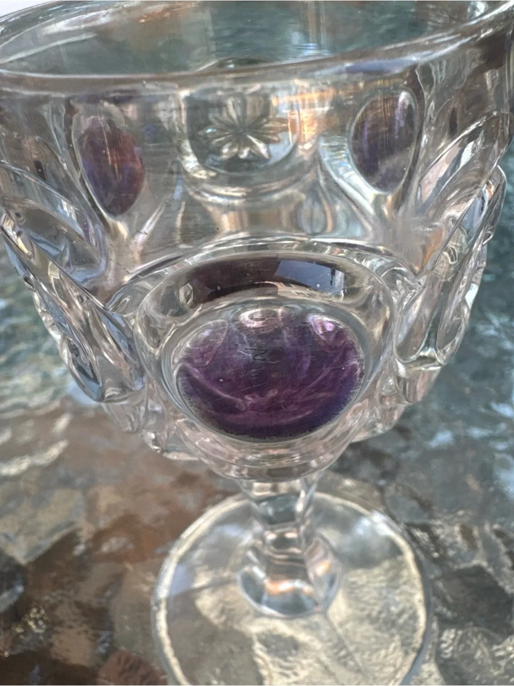 Vintage Clear Hobnail Goblets with Purple Jewel Centers 4.5x2.5 inches